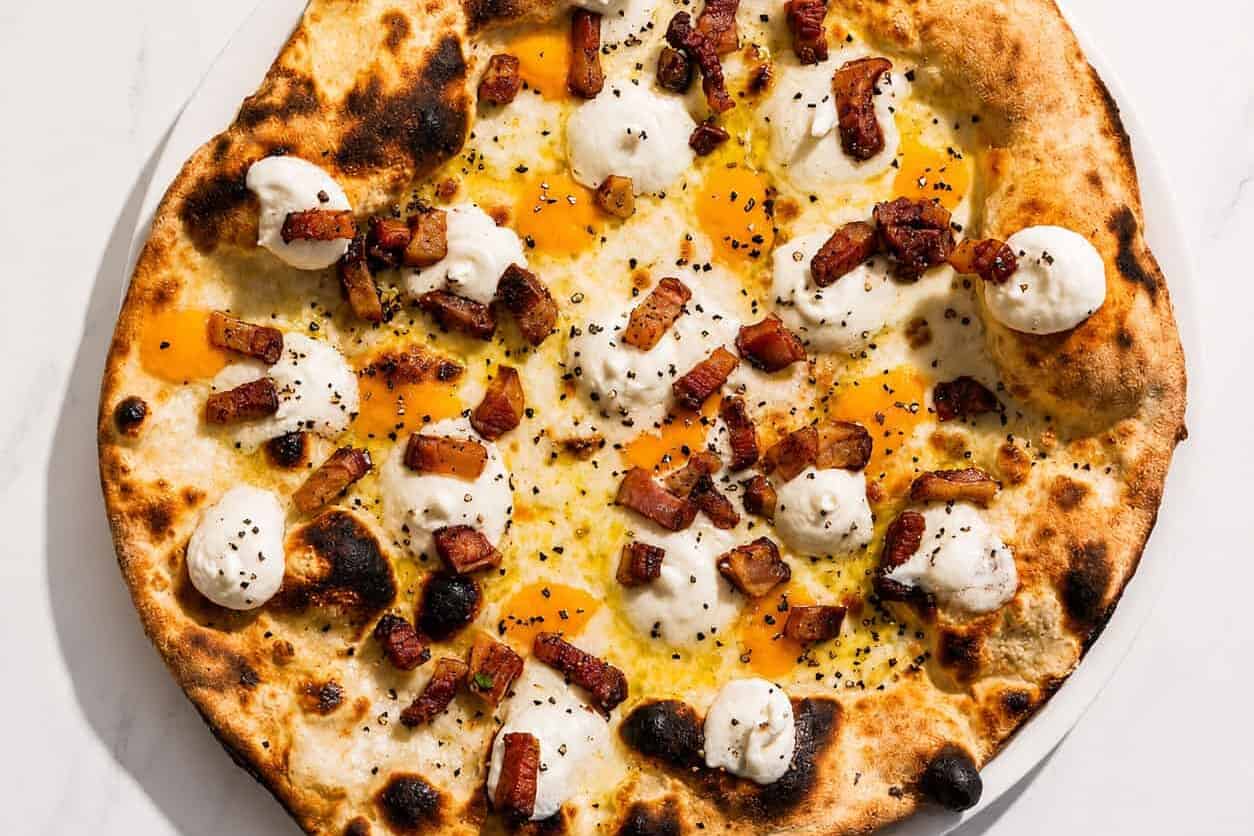 A’ Carbonara Pizza - White Base, Pecorino Romano, Guanciale, Free-Range Egg Yolk, Black Pepper