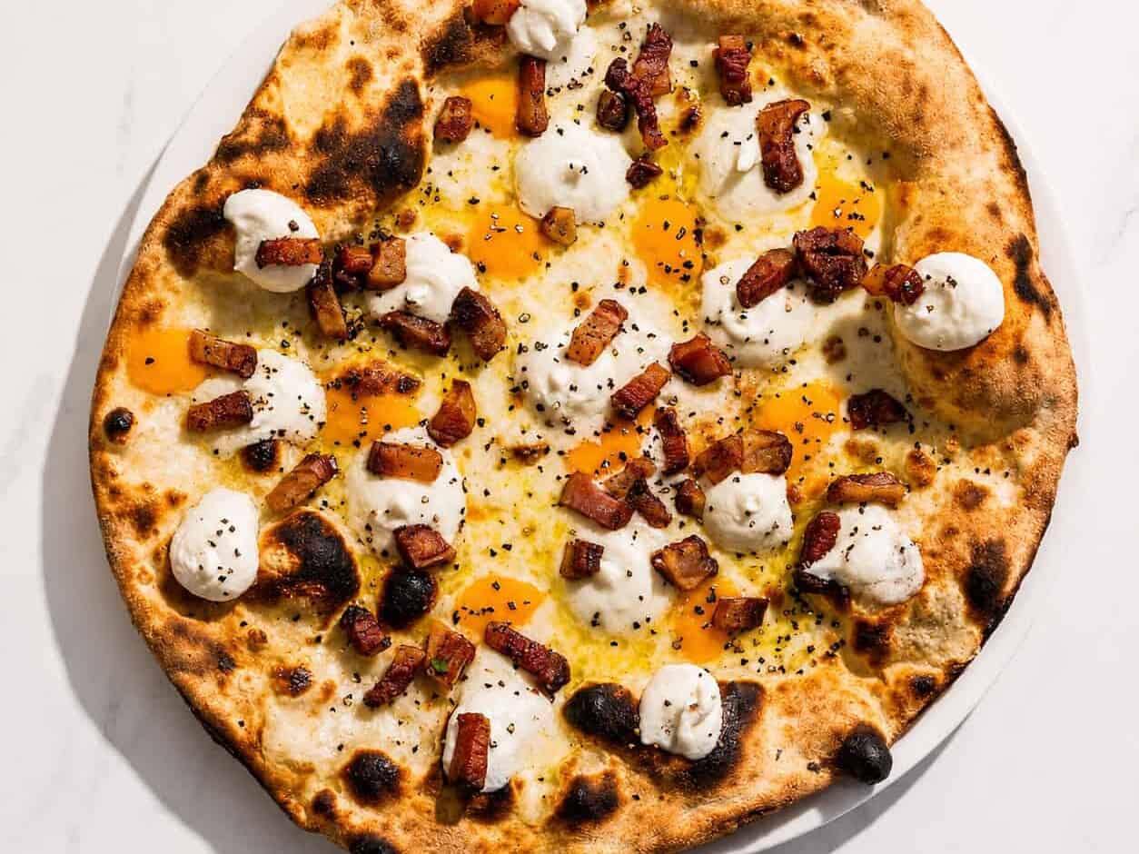 A’ Carbonara Pizza - White Base, Pecorino Romano, Guanciale, Free-Range Egg Yolk, Black Pepper