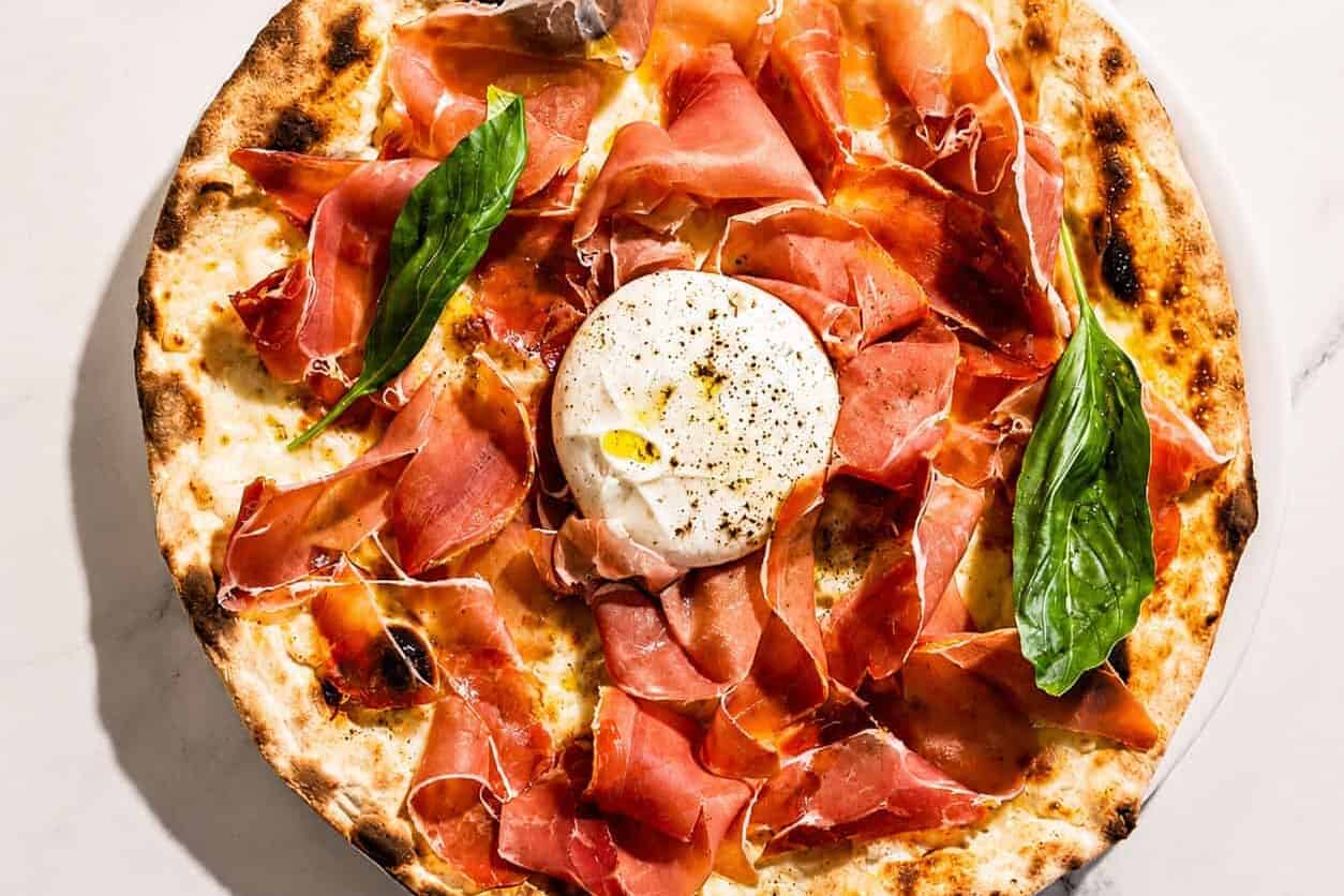 Burrata Pizza - San Marzano, Levoni Prosciutto San Daniele, La Stella Burrata, Basil, Coratina Extra Virgin Olive Oil