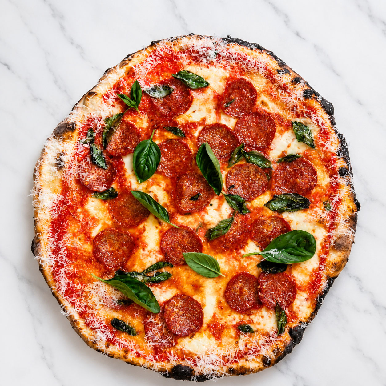 Diavola Pizza - San Marzano, Fior di Latte, Extra Hot Neapolitan Salami, Spicy Truffle Honey, Basil, Coratina Extra Virgin Olive Oil