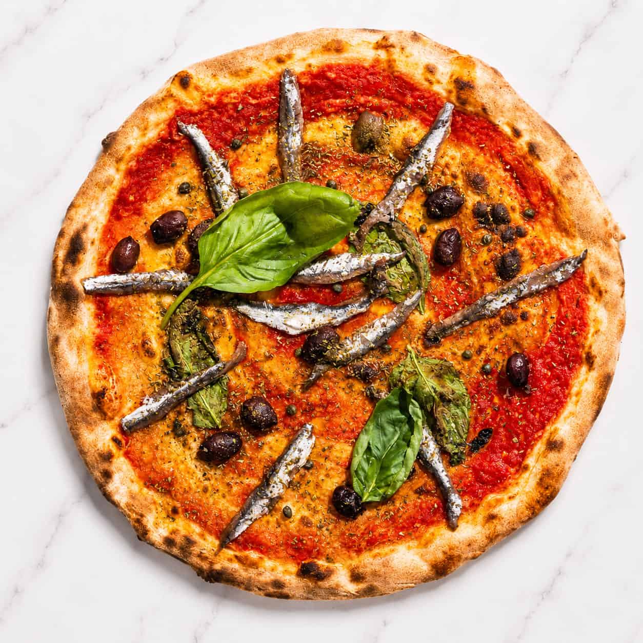 Napoletana Pizza - San Marzano, Cetara Anchovies, Sicilian Capers, Gaeta Black Olives, Basil, Coratina Extra Virgin Olive Oil (No Cheese)