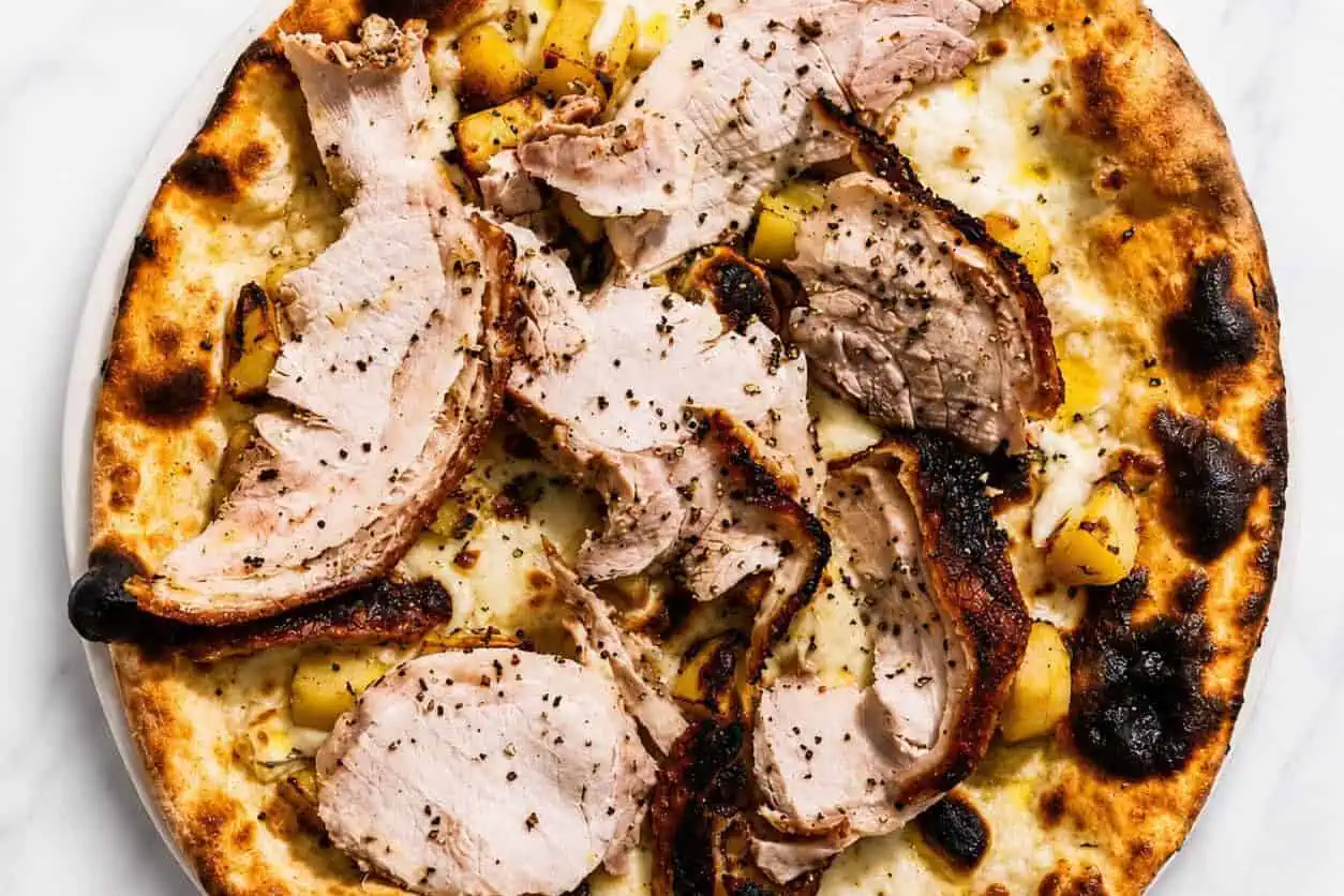 Porchetta di Ariccia Pizza - White Base, Porchetta alla Romana, Wood-Fired Roasted Potatoes, Rosemary, Black Pepper