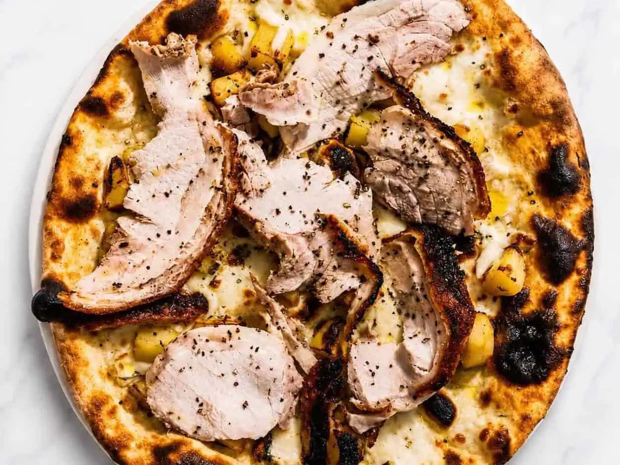 Porchetta di Ariccia Pizza - White Base, Porchetta alla Romana, Wood-Fired Roasted Potatoes, Rosemary, Black Pepper