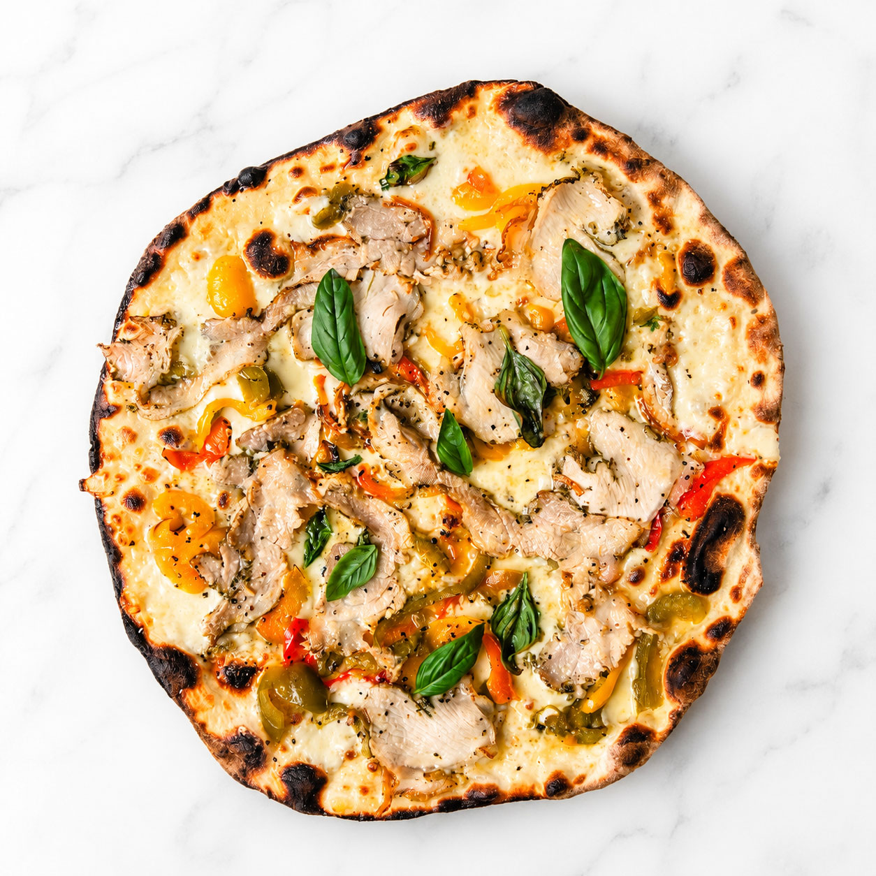 Porchetta e Pepperoni Pizza - White Base, Fior di Latte, Porchetta alla Romana, Roasted Capsicum, Pecorino Romano, Basil, Coratina Extra Virgin Olive Oil