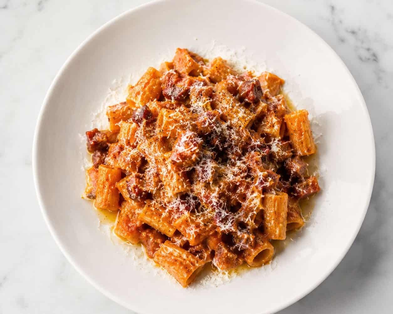 Rigatoni Amatriciana - Rigatoni, San Marzano Tomatoes, Guanciale, Pecorino Romano, Chilli, Black Pepper, Extra Virgin Olive Oil