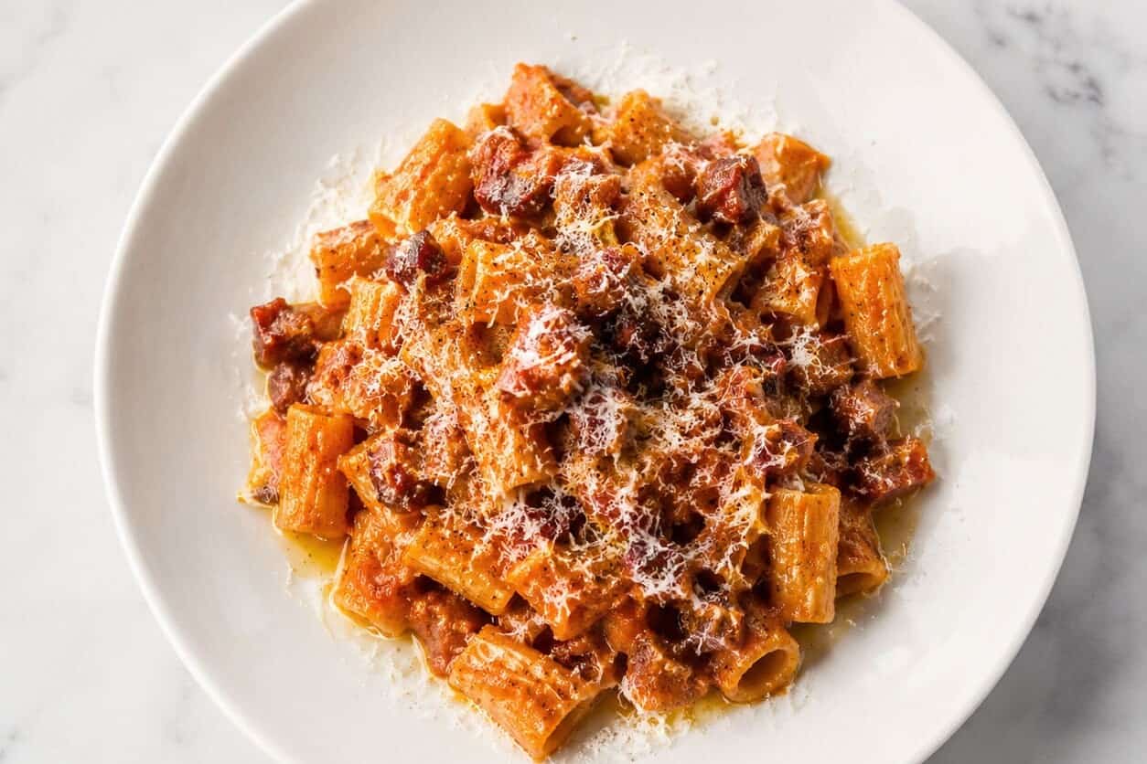 Rigatoni Amatriciana - Rigatoni, San Marzano Tomatoes, Guanciale, Pecorino Romano, Chilli, Black Pepper, Extra Virgin Olive Oil