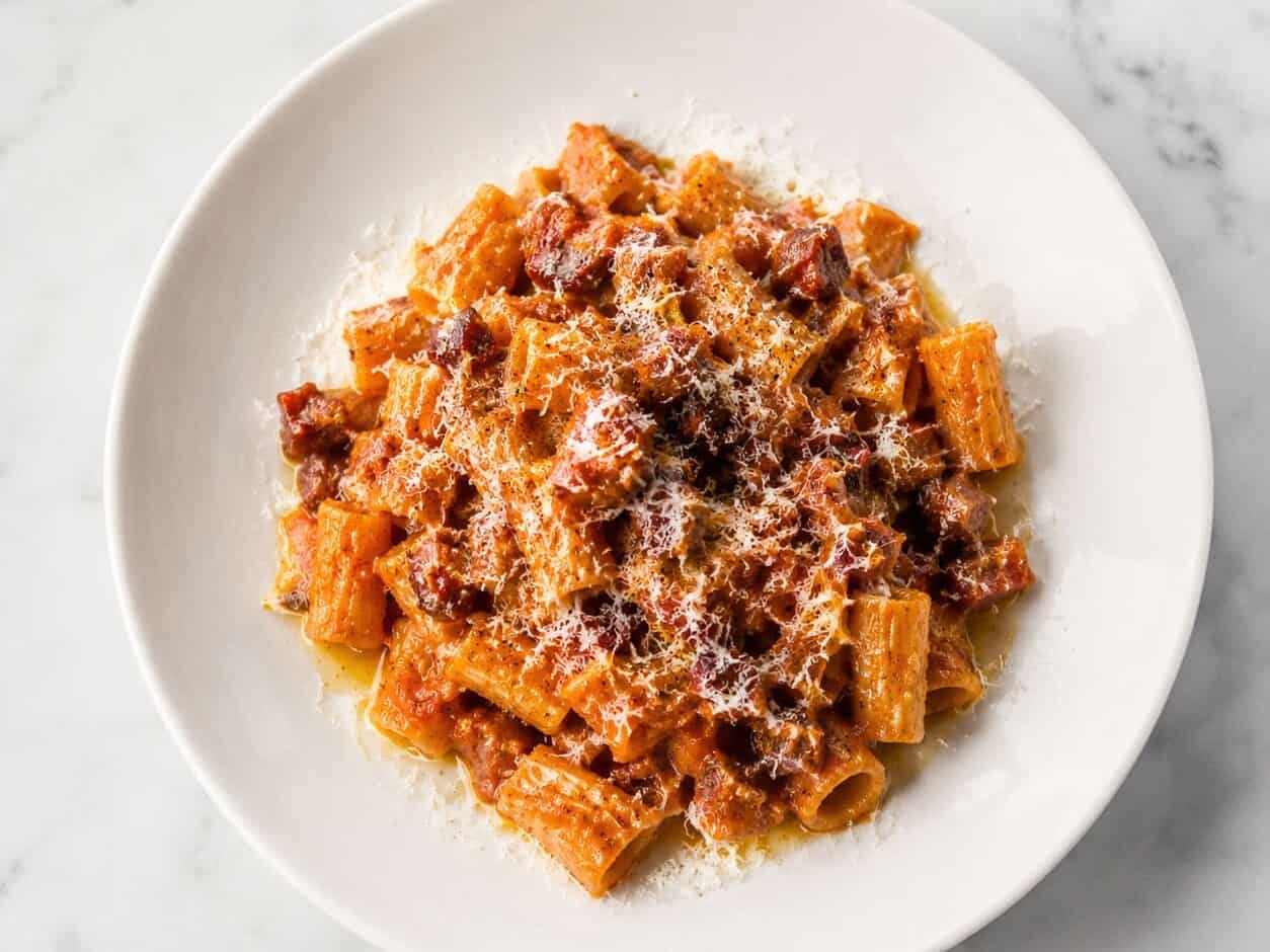 Rigatoni Amatriciana - Rigatoni, San Marzano Tomatoes, Guanciale, Pecorino Romano, Chilli, Black Pepper, Extra Virgin Olive Oil