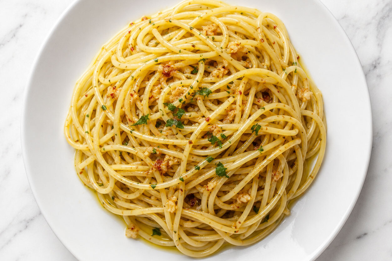 A bowl of spaghetti aglio e olio topped with sliced red chilli, golden garlic, and fresh parsley on a white marble surface.