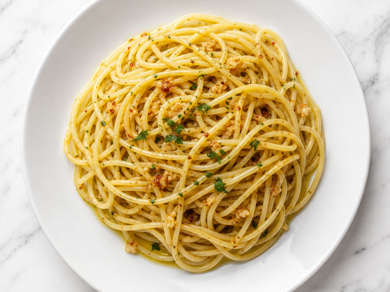 A bowl of spaghetti aglio e olio topped with sliced red chilli, golden garlic, and fresh parsley on a white marble surface.