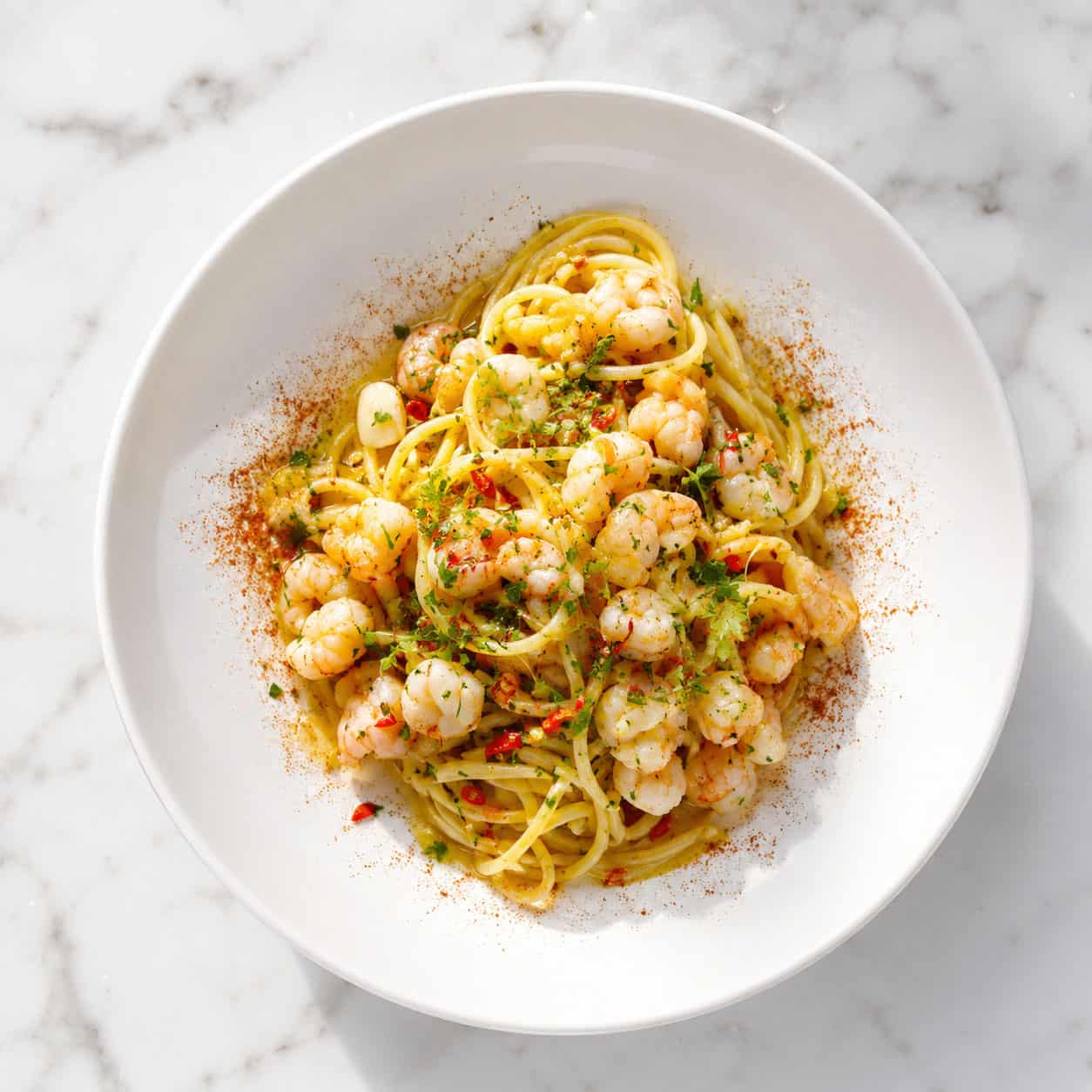 Spaghetti ai Gamberi e Peperoncino - Spaghetti, Prawns, Garlic, Chilli, Coratina Extra Virgin Olive Oil