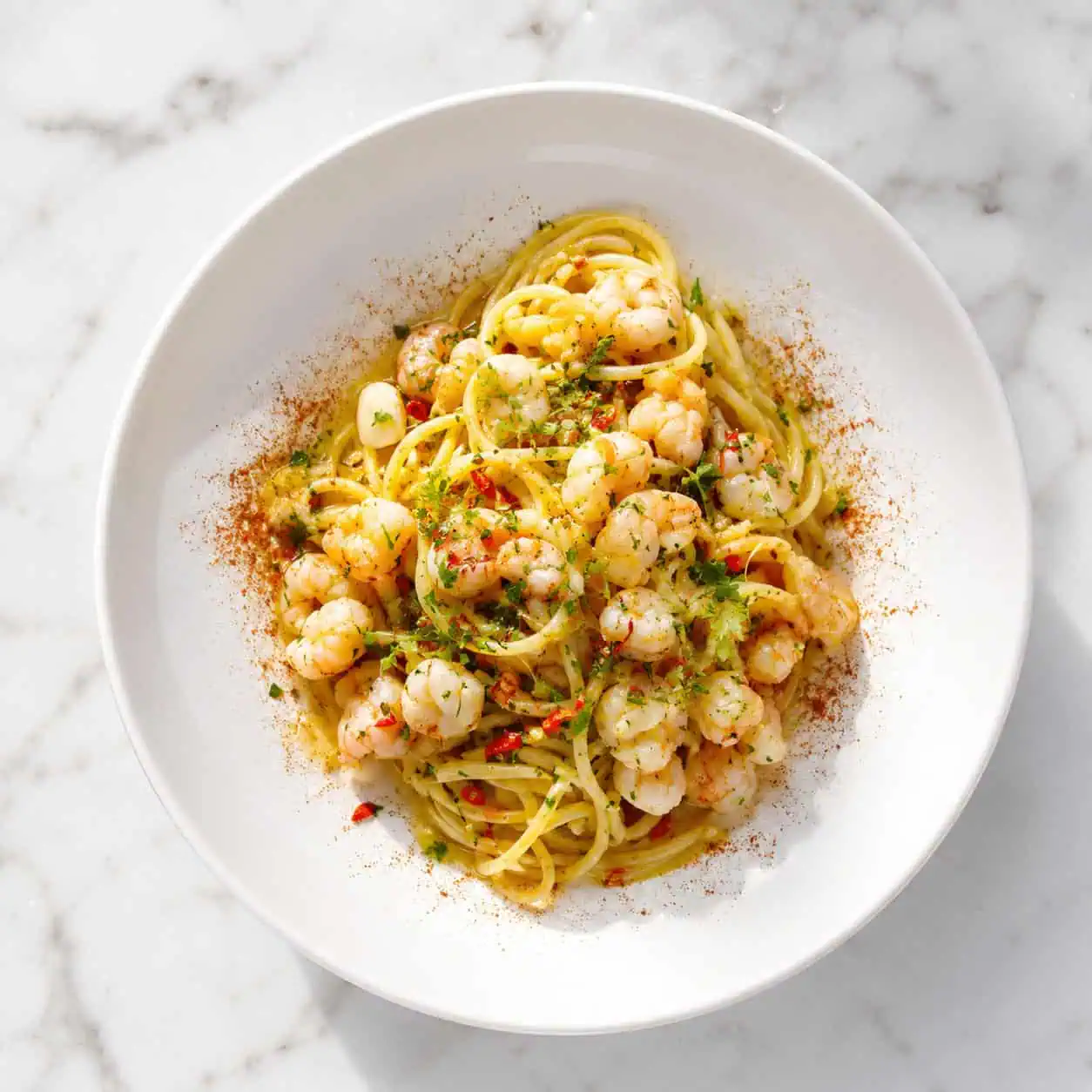 Spaghetti ai Gamberi e Peperoncino - Spaghetti, Prawns, Garlic, Chilli, Coratina Extra Virgin Olive Oil