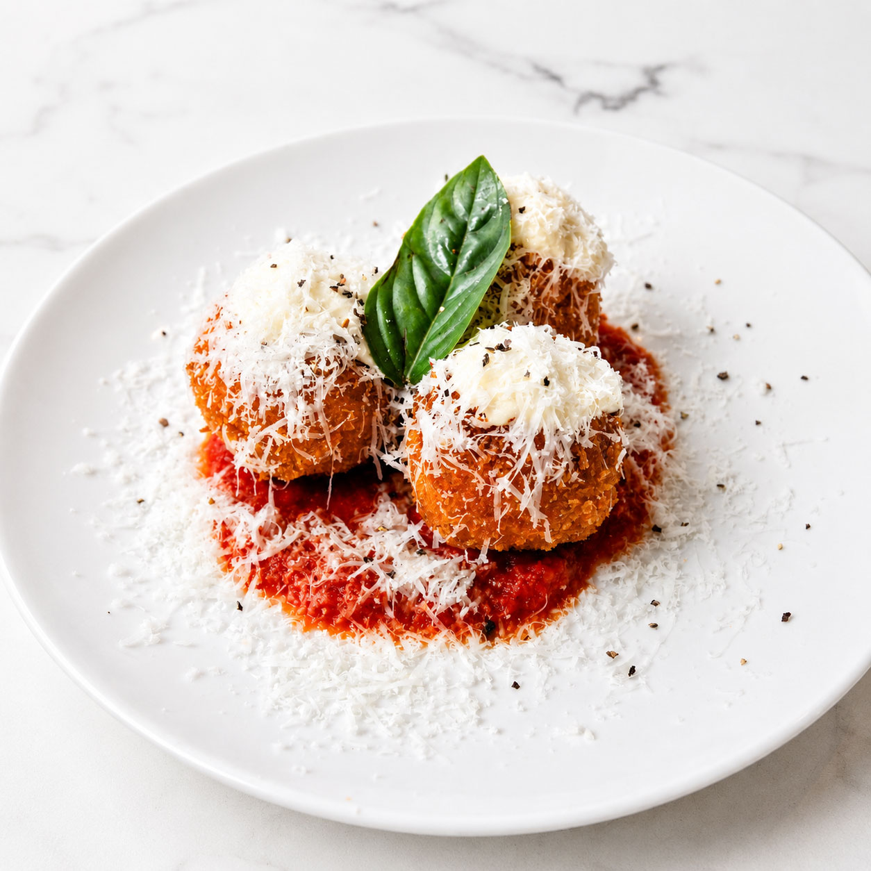Supplì Amatriciana - Roman-Style Arancini, San Marzano, La Stella Buffalo Mozzarella, Crispy Pork Cheek, Pecorino Romano Cream